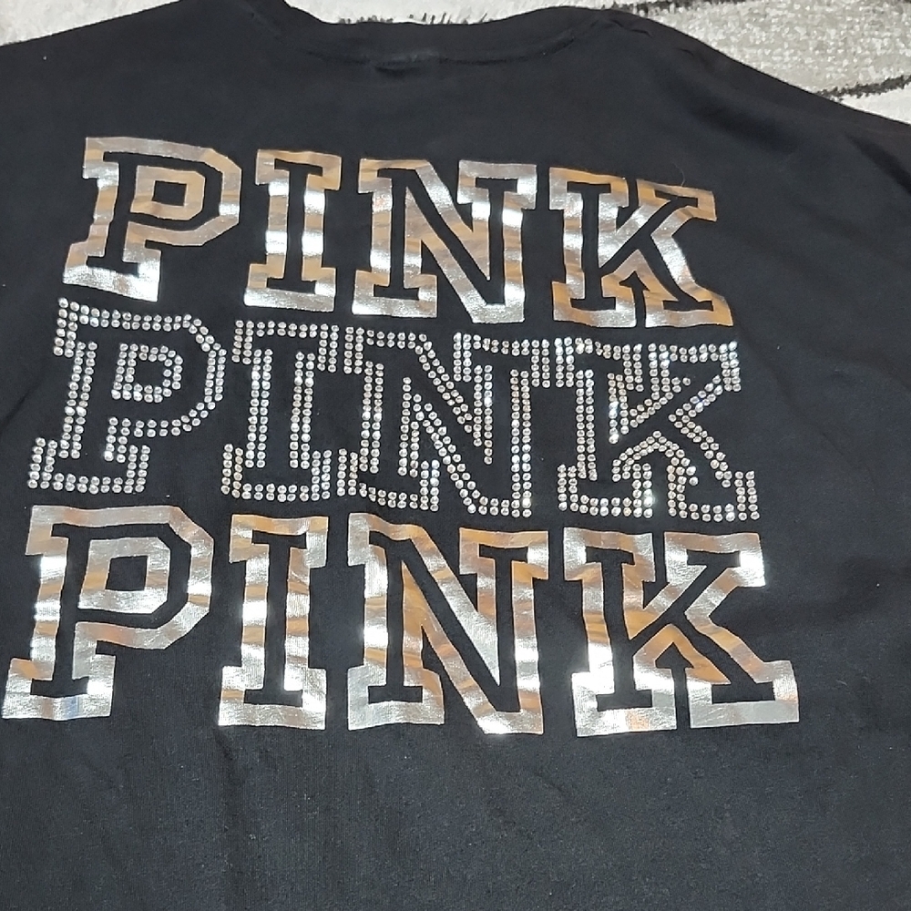 VS PINK 2020 BLACK CAMPUS CREW SILVER SHINE RHINESTONES GRAPHIC LOGO TEE-SHIRT